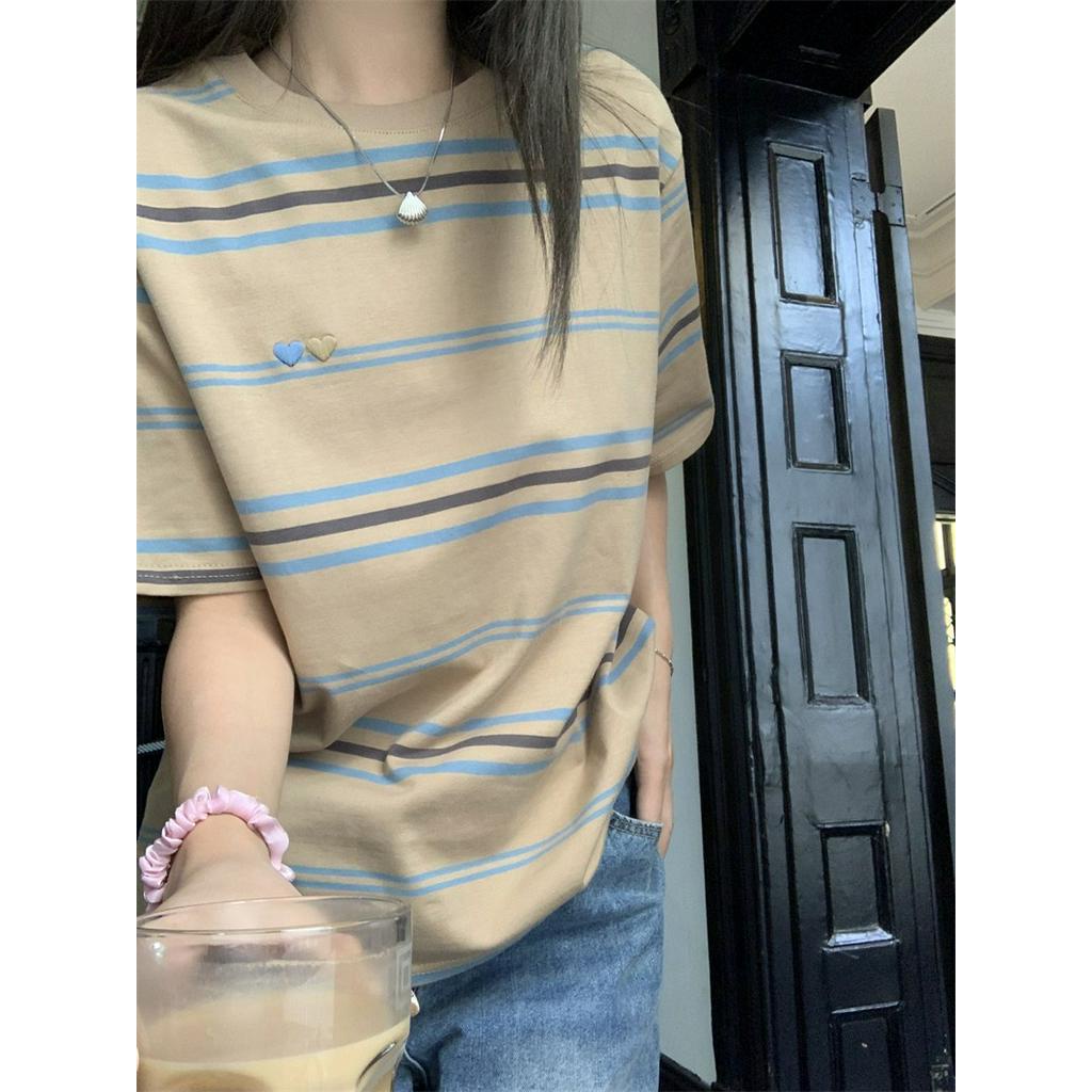 Áo Thun Tay Ngắn Cổ Tròn Thêu Họa Tiết Trái Tim Phối Màu Tương Phản Thời Trang Xuân Hè Hàng Mới 63972
