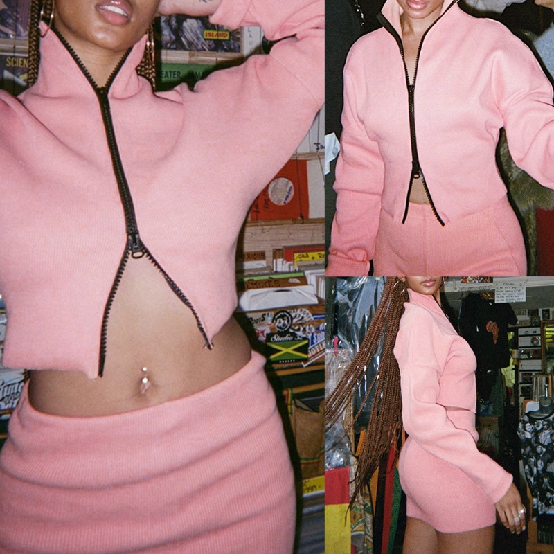 Bộ Áo Dệt Kim Dài Tay Cổ Lọ + Chân Váy Ôm 2 Dây Khóa Kéo Thời Trang Mùa Thu Cho Nữ