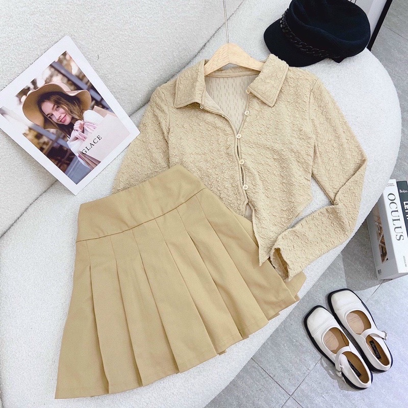 SET CROP NUDE CỔ SƠ MI TÀ XÉO + CHÂN VÁY XẾP LY - SV366