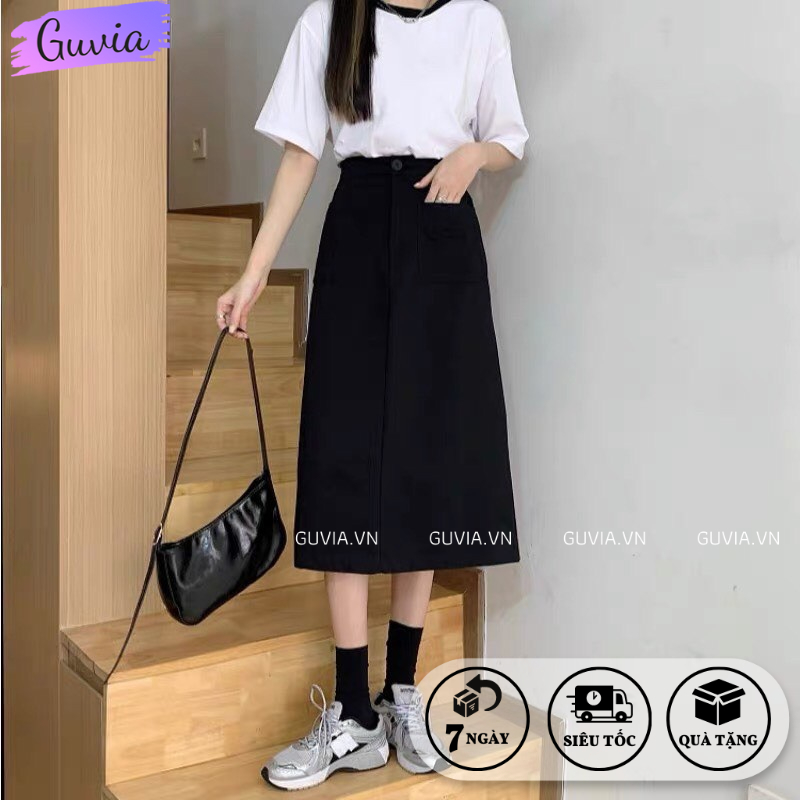 Chân Váy SUÔNG 2 TÚI DÁNG DÀI Nữ Chất Kate, Chân Váy Lưng Cao Form Chuẩn GUVIA CV16