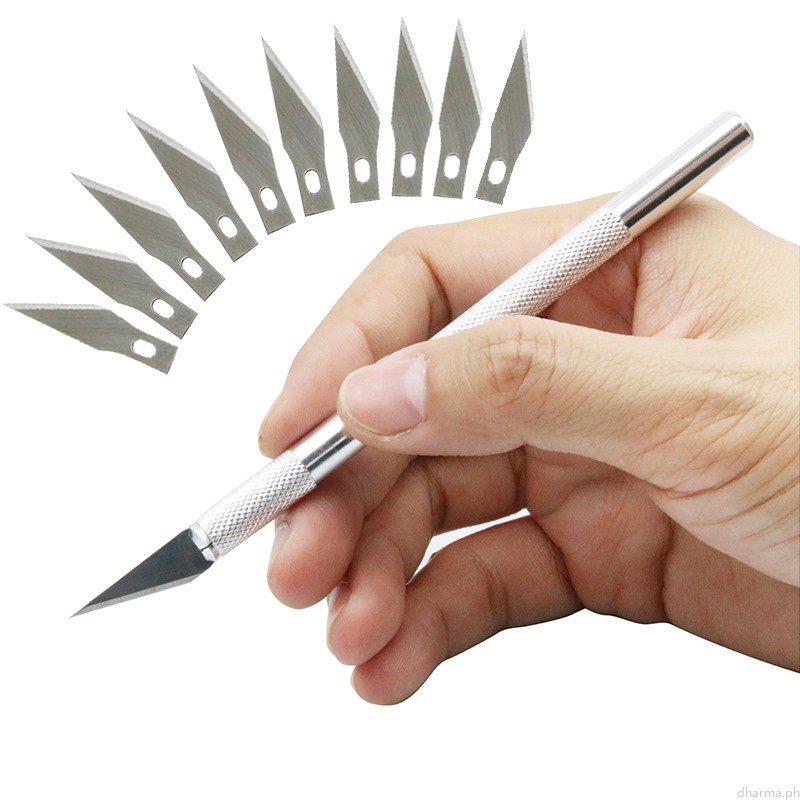 Set dao mổ kim loại khắc thủ công + 10 lưỡi thay