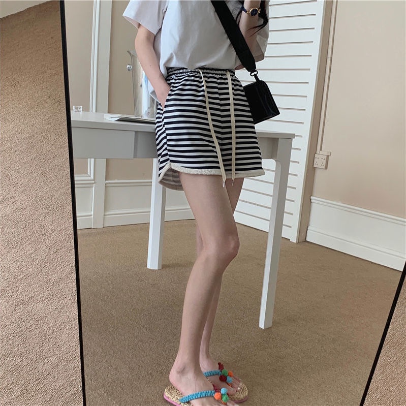 Quần Short Thể Thao Lưng Cao Ống Rộng Họa Tiết Kẻ Sọc Thời Trang Mùa Hè Dành Cho Nữ