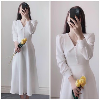Đầm trắng tay dài nút bọc (kèm hình thật)