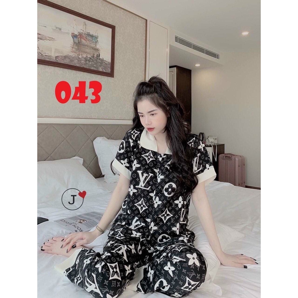 Bộ đồ ngủ nữ Pijama Lv nâu cổ sen , cộc tay,quần dài mặc ở nhà chất kate Thái thoải mái dễ thương giá rẻ
