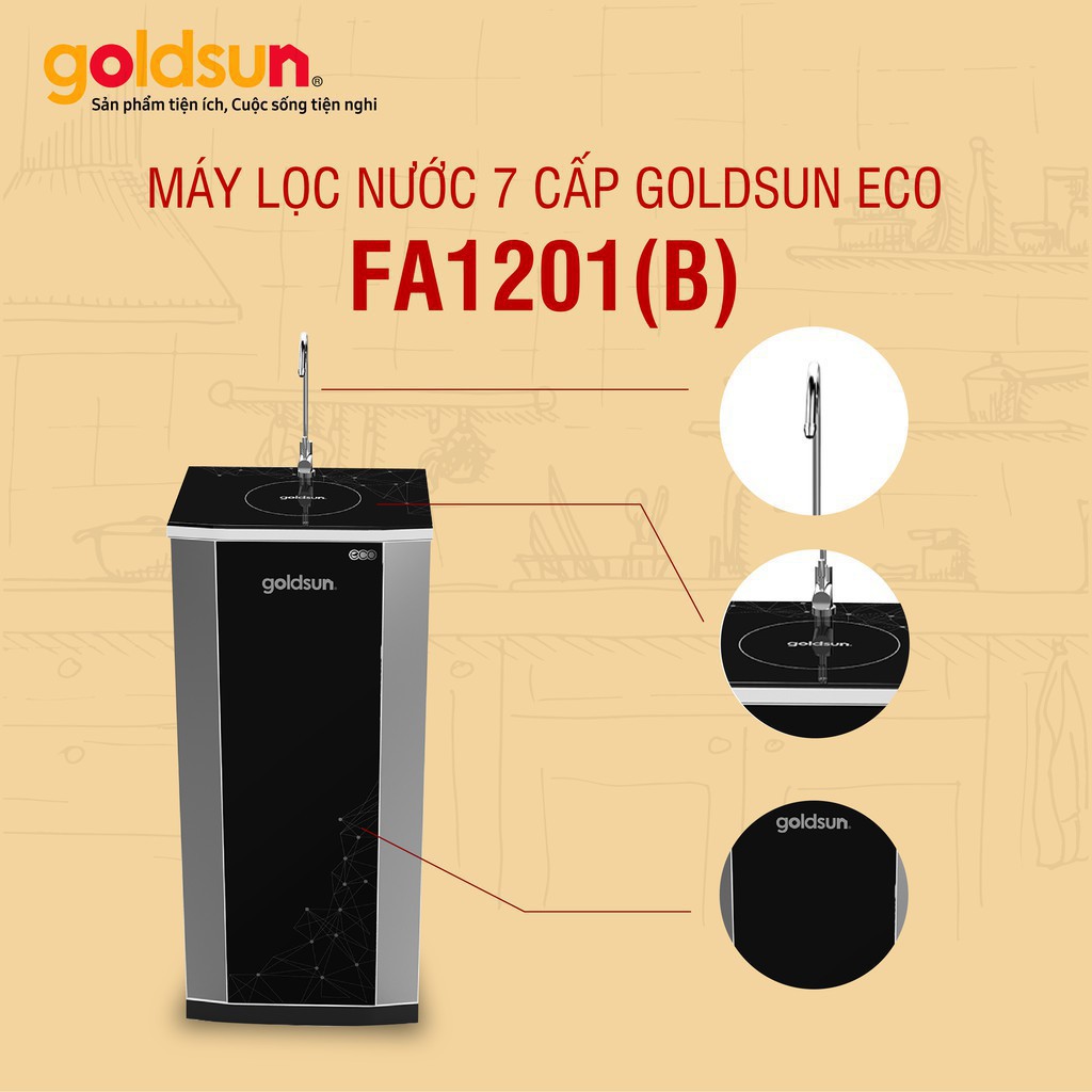 Máy lọc nước GOLDSUN ECO 7 lõi lọc có vỏ tủ-FA1201(B) Màng RO 100 đúc liền nhập khẩu từ Hàn Quốc bảo hành 24 tháng