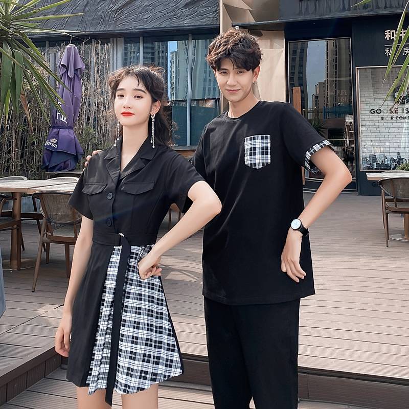 Set Áo Thun Ngắn Tay Cổ Tròn + Đầm Ca Rô Ca Rô Thời Trang Hàn Cho Cặp Đôi