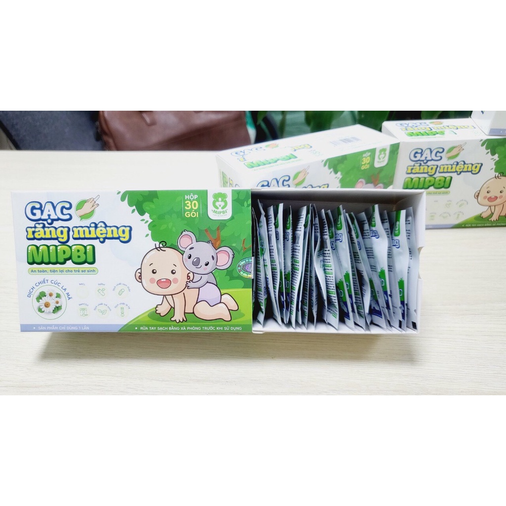 Gạc rơ lưỡi vệ sinh răng miệng cho bé Mipbi thành phần lá hẹ hỗ trợ bé mọc răng tốt hộp 30 gói