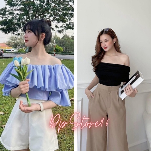 Áo Trễ Vai len tăm, Tay ngắn croptop 1 tầng, Áo Hở vai nữ đẹp bèo tay phồng rộng dễ thương, mặc đi chơi hàn quốc Hot2022