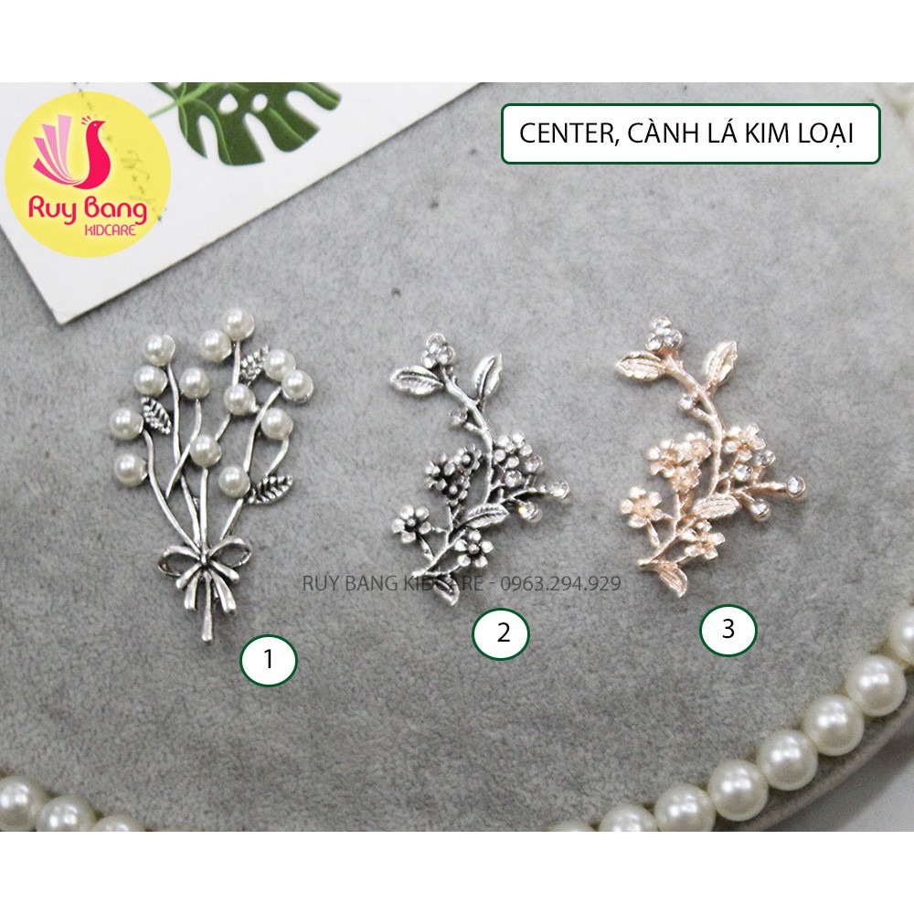 Cành hoa mạ kim ❤️FREESHIP❤️ Cành lá kim loại, center đá đính hoa vải handmade