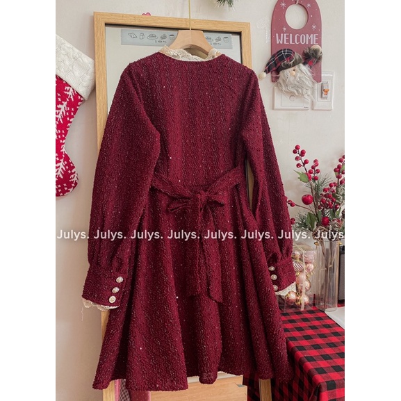 Đầm dạ tweed đỏ ren cổ cúc ngọc (ảnh thật shop chụp kèm video) | BigBuy360 - bigbuy360.vn