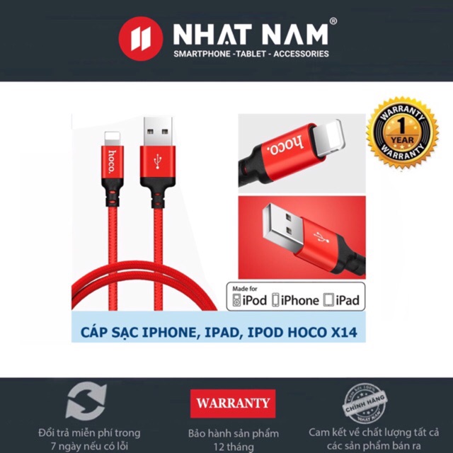 Cáp Hoco X14 Dài 1m ✓Sạc IPhone IPad Chính Hãng ✓Chất Lượng Cao ✓Bảo Hành 3 Tháng