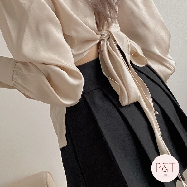 Áo Sơ Mi Lụa Cúc Bọc Thắt Nơ Lưng Siêu Xinh