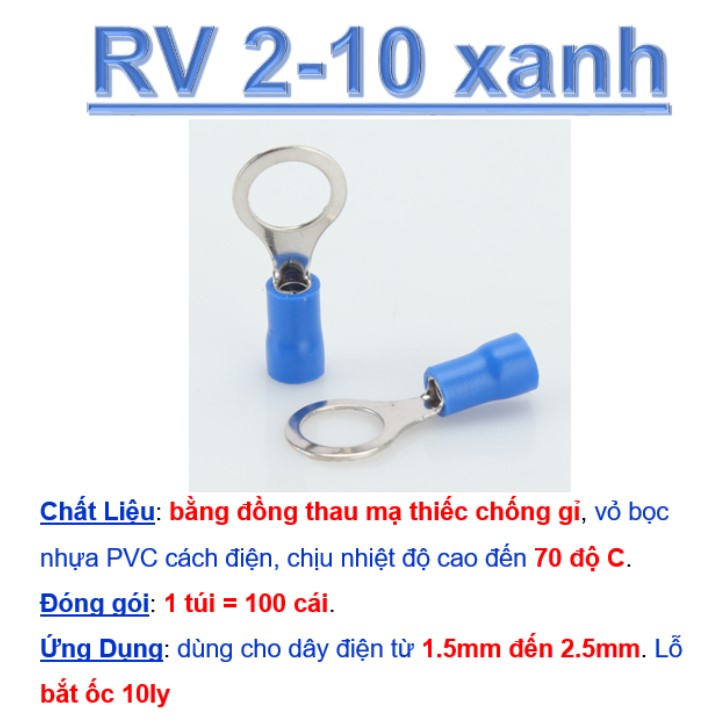 Đầu cos dây điện tròn bọc nhựa RV 2-6-8, đầu cốt bấm dây điện 1.5mm 2.5mm, cosse  đồng đấu nối điện