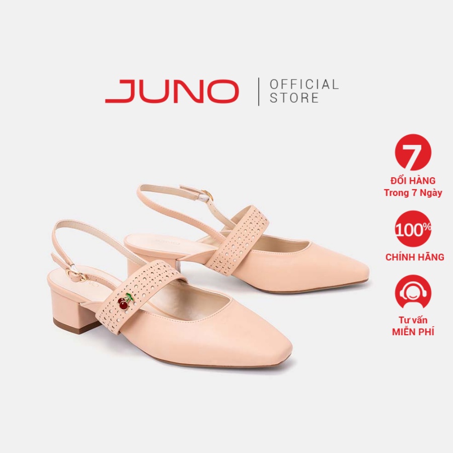 Giày Cao Gót Mũi Vuông 5cm JUNO Da Trơn Quai Lazer Charm Trái Cây Thời Trang CG05118