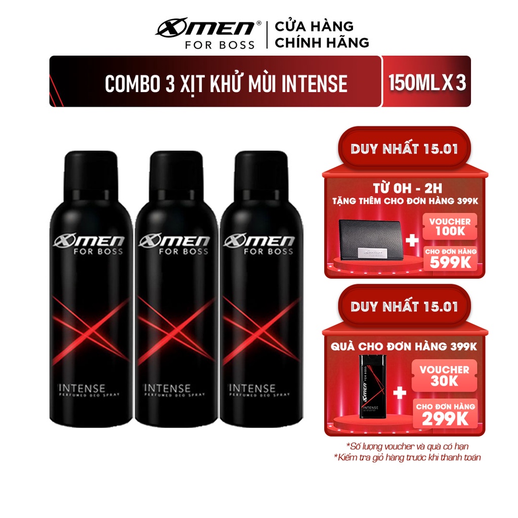 Combo 3 Xịt khử mùi X-Men for Boss Intense 150ml/chai