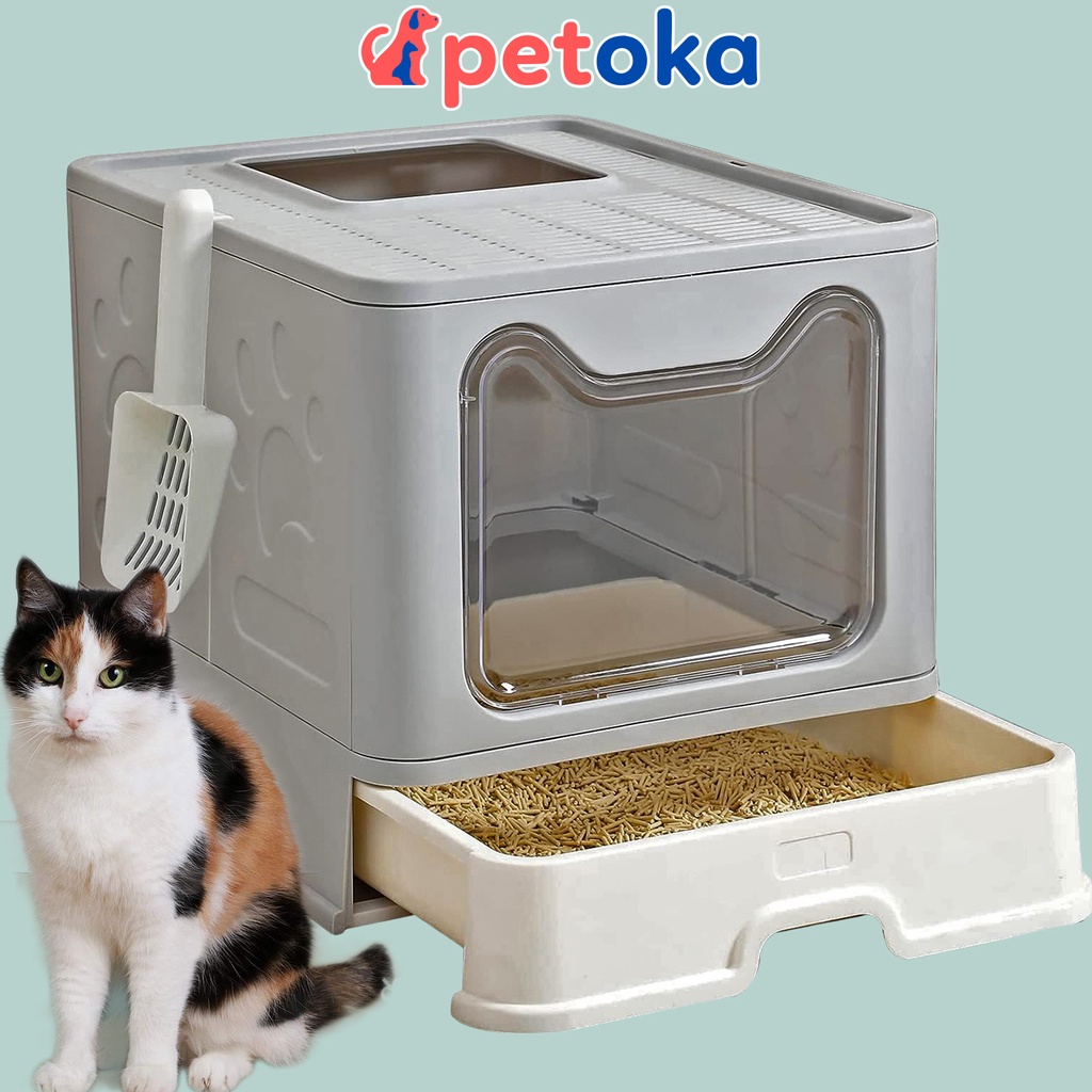 Nhà vệ sinh cho mèo có ngăn kéo khép kín có cửa vào ra riêng chống văng cát kèm xẻng Boxy Petoka