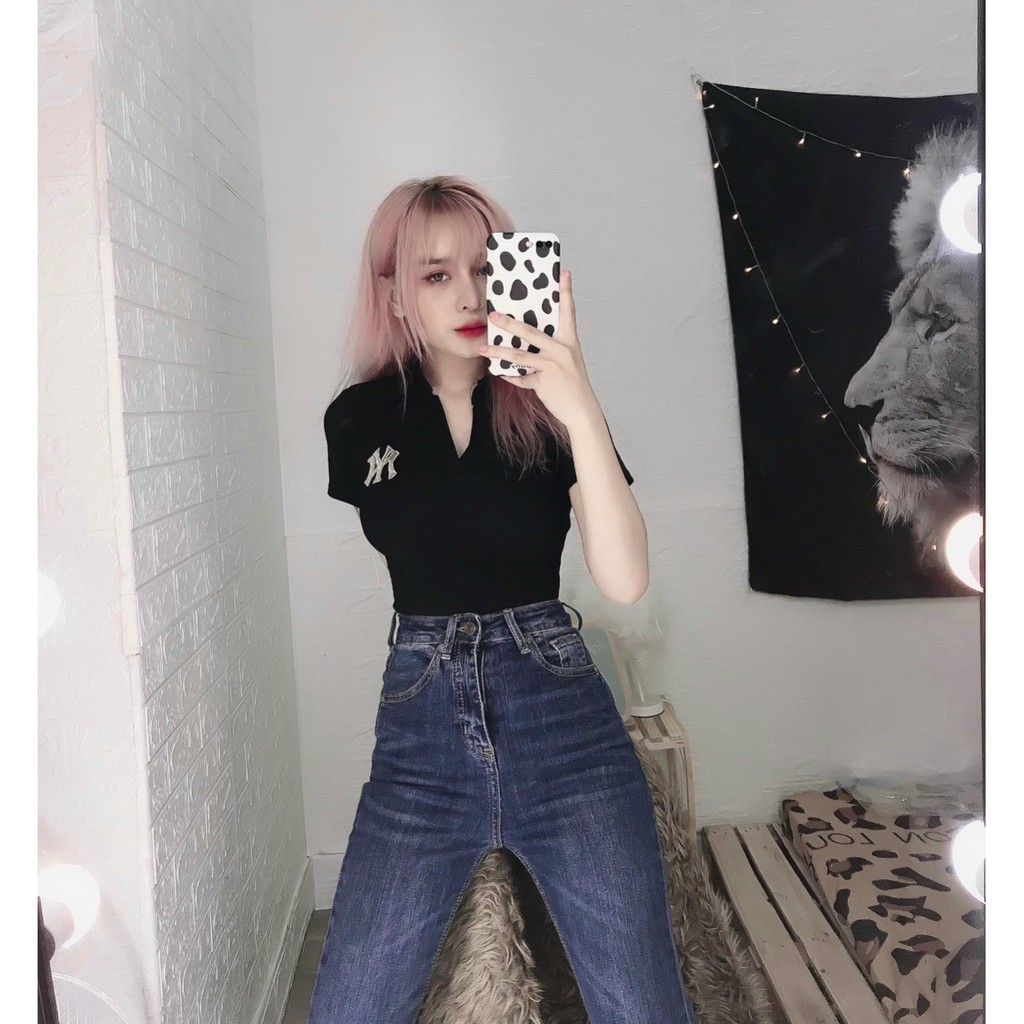 áo kiểu cổ bẻ ôm body đính kim tuyến ny sang chảnh