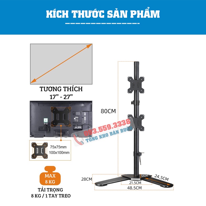 Giá Treo 2 Màn Hình Xếp Màn Trên / Dưới M073 17 - 27Inch - Thiết Kế Chân V Để Bàn Chắc Chắn - Tải Trọng 8Kg 1 Tay
