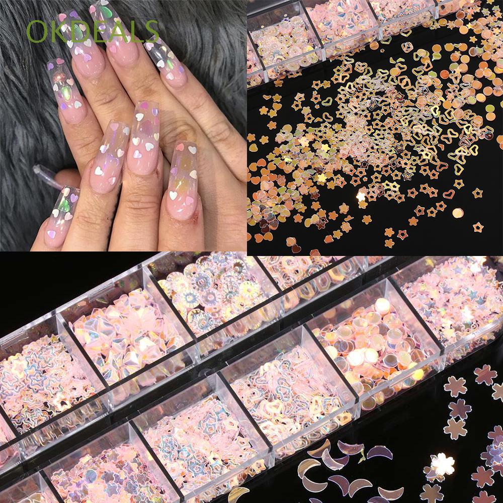 Hộp 12 ngăn hình sao trái tim trong suốt lấp lánh trang trí móng tay chứa sequin