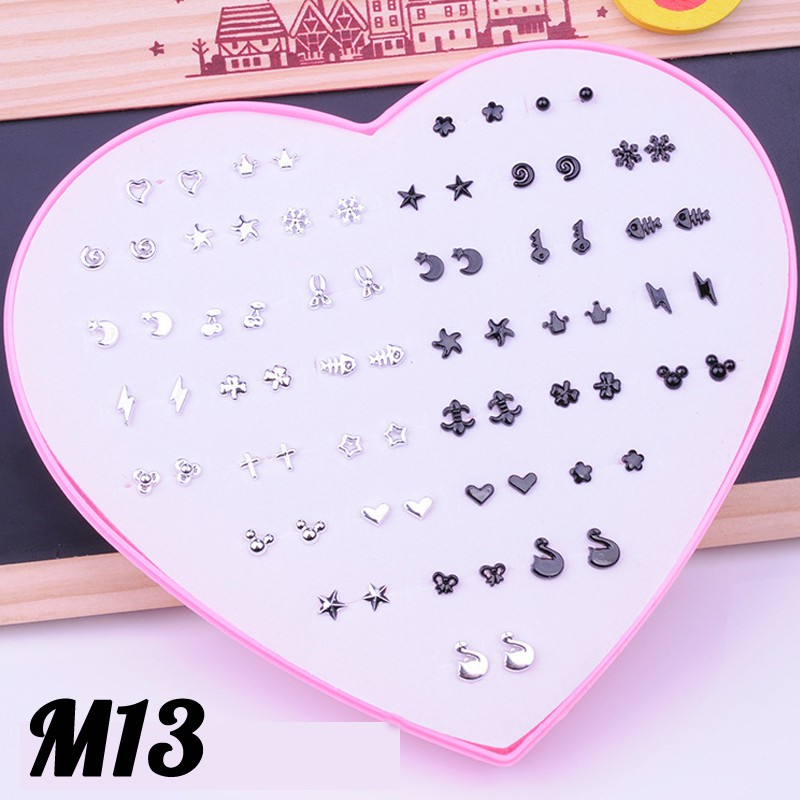 Set 36 đôi bông tai, hoa tai Hàn Quốc nhiều kiểu dáng đáng yêu cho nữ hộp trái tim màu hồng