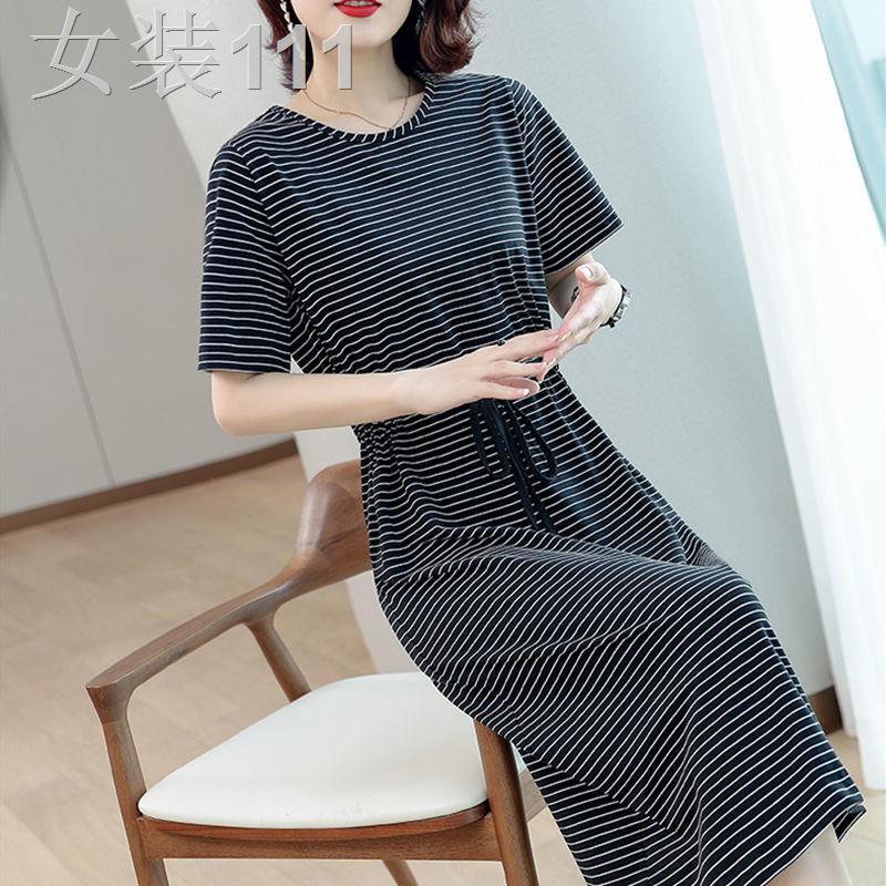 dress nữ mùa hè 2021 màn mới giữa lỏng lẻo MM thân yêu shout sọc áo thun dài