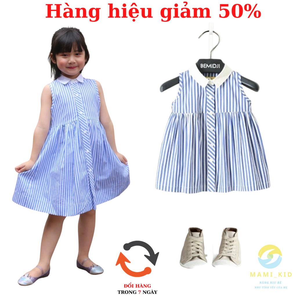 váy xinh cho bé gái size đại chất liệu đũi kẻ siêu mát, 20-45kg, mamikid