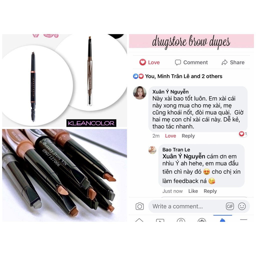 [FREESHIP] Chì Kẻ Mày 2 Đầu Dupe ABH Lâu Trôi Eyebrow Pencil Kleancolor