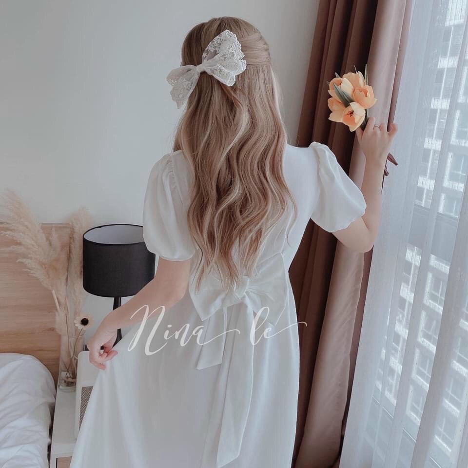 [8.8 Sales Freeship] Đầm maxi dáng dài cổ tròn cột nơ sau, đầm tay phồng suông thắt dây eo đi  biển siêu xinh
