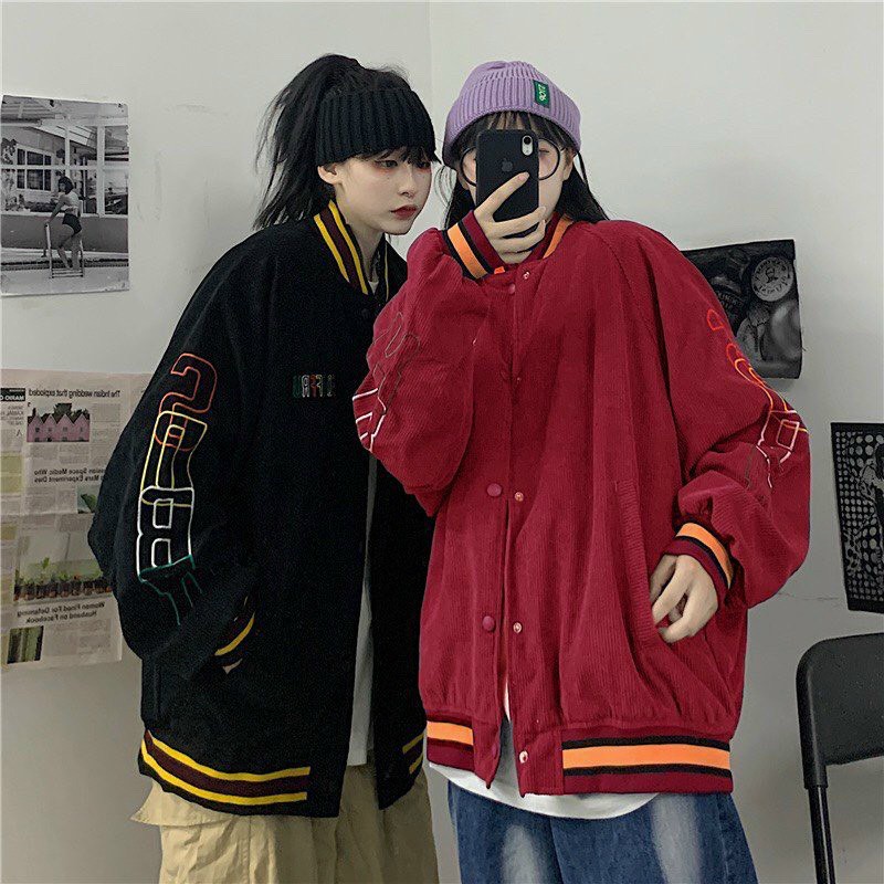 Áo Khoác Bomber Jackets Nhung Gân FUSEEHU Varsity Form Rộng Unisex Nam Nữ Ulzzang