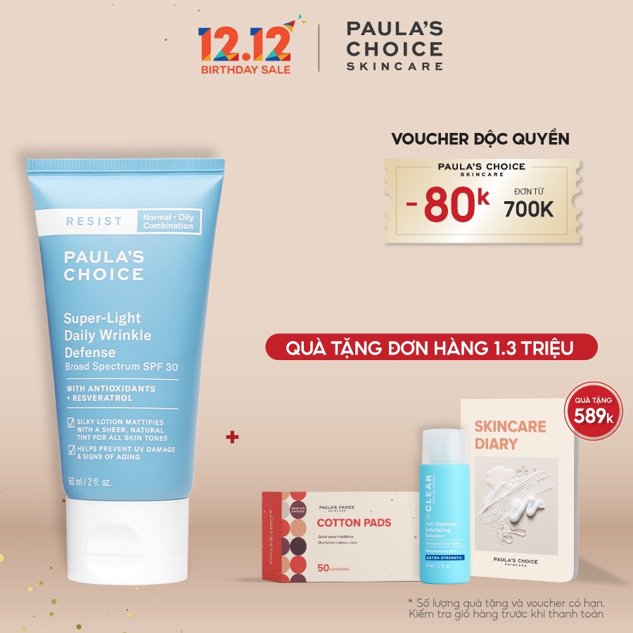 Kem chống nắng đa năng siêu nhẹ không bết dính Paula’s Choice Resist Super -Light Daily Wrinkle Defence SPF 30 60ml 7760