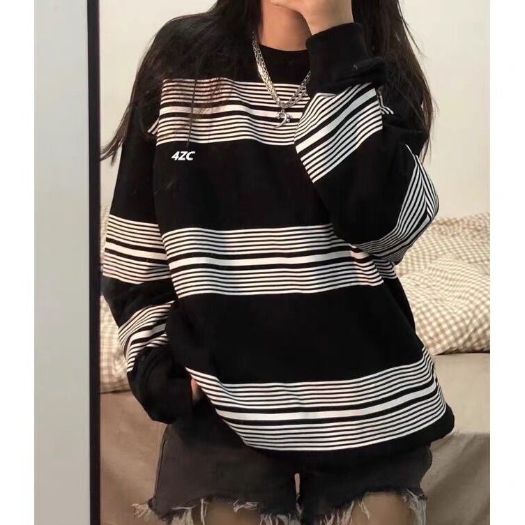 Áo sweater Tay Dài Cổ Tròn Kẻ Sọc Ngang Phong Cách Hip Hop Hàn Quốc Cổ Điển Dành Cho Cặp Đôi 7 Ngày