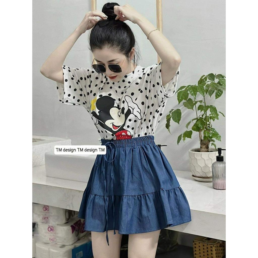 Set Bộ Đồ Nữ Áo Phông Chấm Bi Mickey Mix Chân Váy Bò Giấy Xòe Dáng Ngắn Freesize