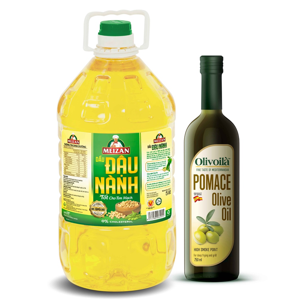 Combo 1 chai Dầu đậu nành Meizan 5L và 1 chai Dầu Ô-liu Olivoilà Pomace 750ml