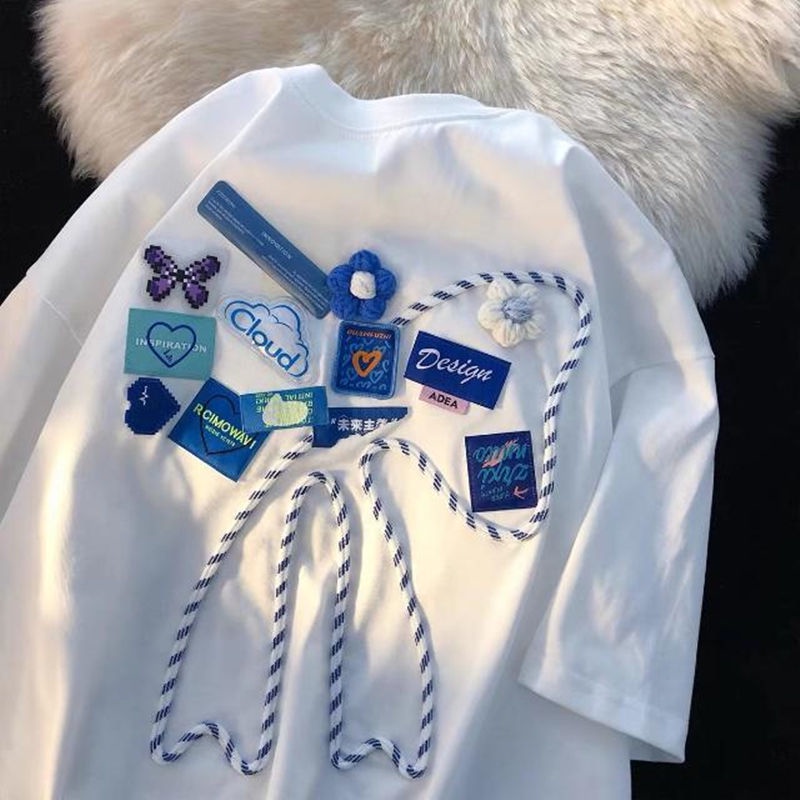 Áo Thun Tay Ngắn Dáng Rộng Phối Nơ Phong Cách Mỹ Thời Trang Cho Nam Và Nữ