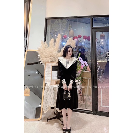 Váy dài tiểu thư nhung thiết kế cổ vát nhọn phối tay