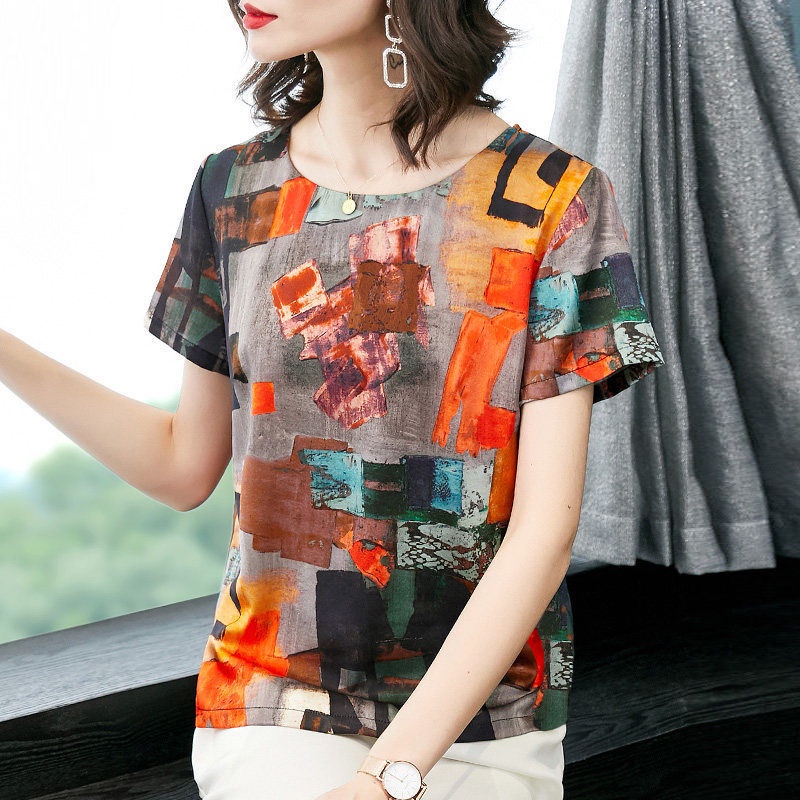 Áo Thun Lụa Lạnh Tay Ngắn Dáng Rộng Thời Trang Mùa Hè Cho Nữ