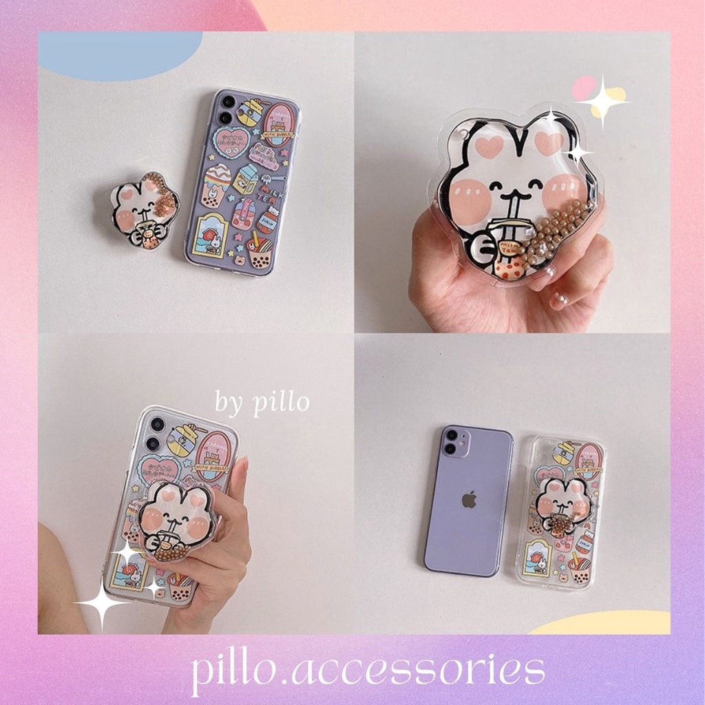 Ốp lưng điện thoại Iphone họa tiết trà sữa kèm popsocket thỏ cao cấp - Pillo A3