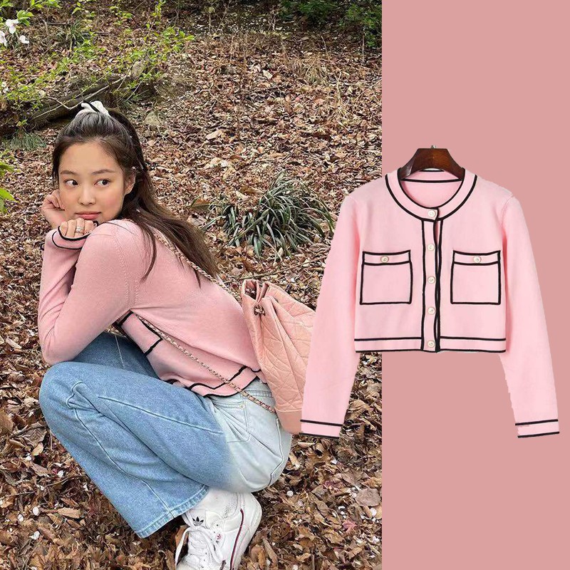  Áo jennie blackpink Cardigan Dệt Kim Tay Dài Màu Hồng Phong Cách Đáng Yêu Cho Nữ