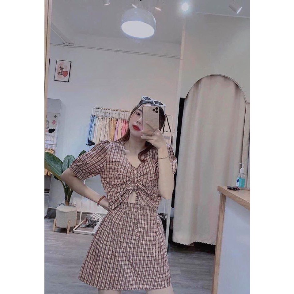 Set váy kẻ caro 2 màu freesize giá siêu rẻ - Set áo croptop rút ngực mix chân váy chữ A dáng ngắn SS36 | BigBuy360 - bigbuy360.vn