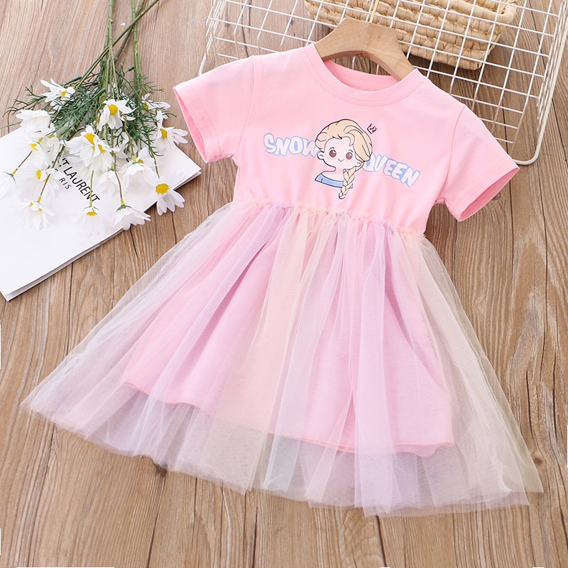 Đầm Cotton Ngắn Tay Cổ Tròn Phối Lưới Màu Cầu Vồng Thời Trang Mùa Hè Cho Trẻ Em