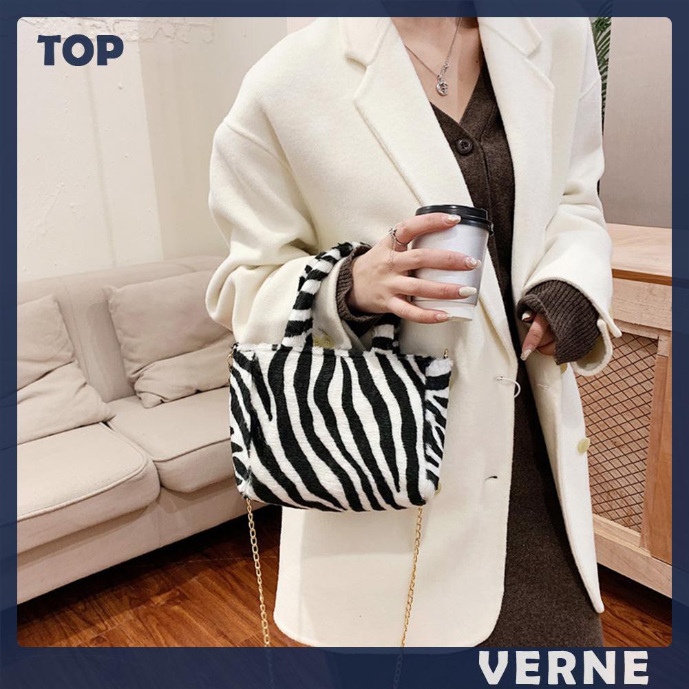 vernesss Autumn Shoulder Handbag Zebra Pattern Plush Women Chain Messenger Bag Totes