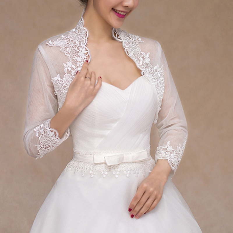 Áo Choàng Ren Tay 3 / 4 Thêu Hoa Sang Trọng Cho Cô Dâu