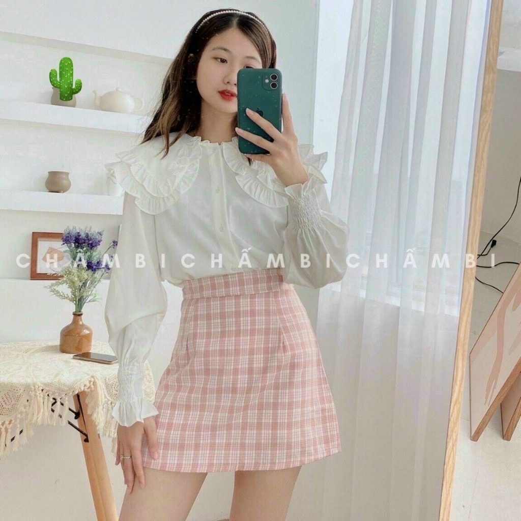 Áo sơ mi tay dài tiểu thử cổ bèo tầng cực xinh , chất kate mềm mịn mát