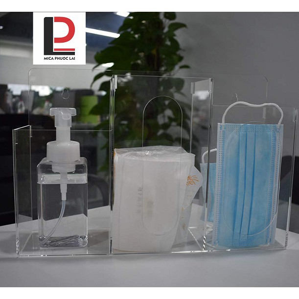 Kệ mica treo tường đựng khẩu trang, nước rửa tay sát khuẩn