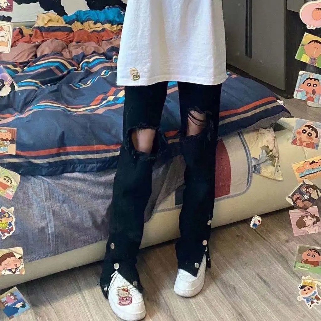 Quần Jeans Nữ Lưng Cao Ống Đứng Rách Gối Thời Trang Hàn