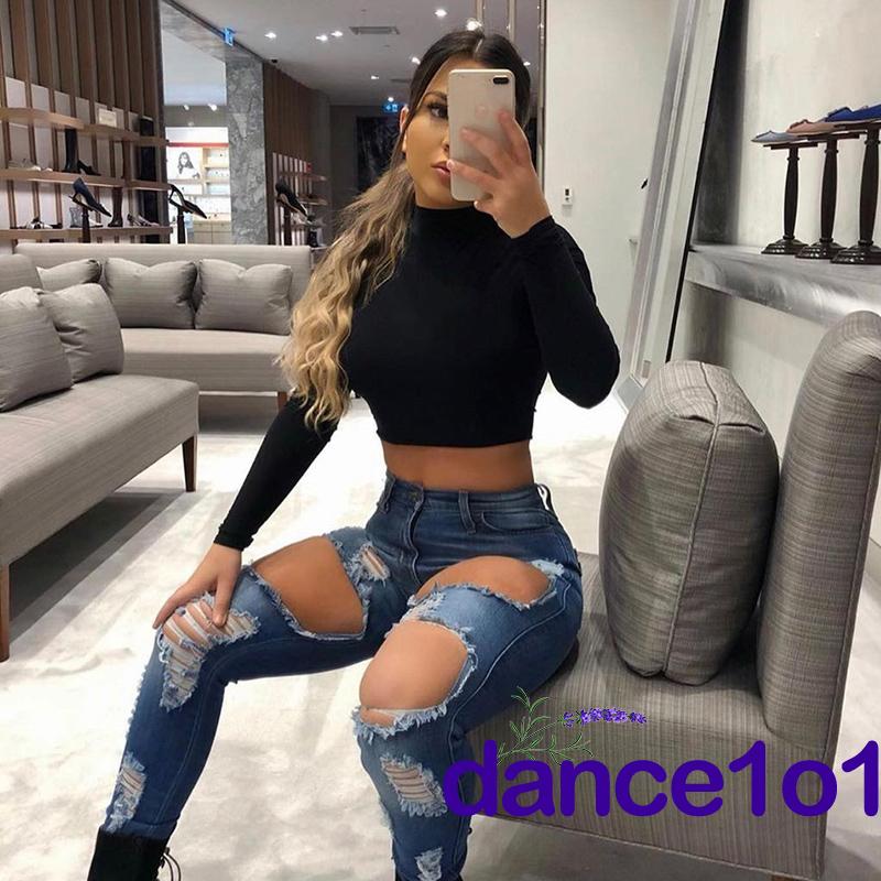 Áo Croptop Tay Dài Cổ Lọ Màu Trơn Thanh Lịch