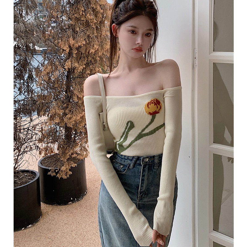 Áo Dệt Kim Tay Dài Cổ Lọ Thiết Kế Trễ Vai Quyến Rũ