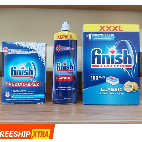 Combo viên rửa bát Finish classic 100 viên + muối rửa bát 1.2kg + nước làm bóng 750ml ( Hàng Nhập Đức )