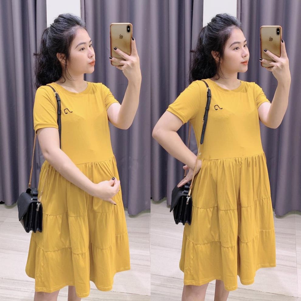 Váy bầu cotton mùa hè, dáng xòe tầng cho mẹ bầu, thêu họa tiết nốt nhạc freesize 45-65kg - 𝐕𝟐𝟕