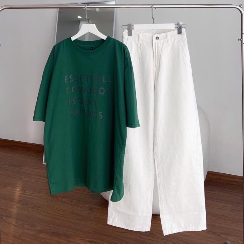 Sét Áo Thun Tay Lỡ Màu Xanh Mix Quần Kaki Trắng Giả Cúc Nam Nữ